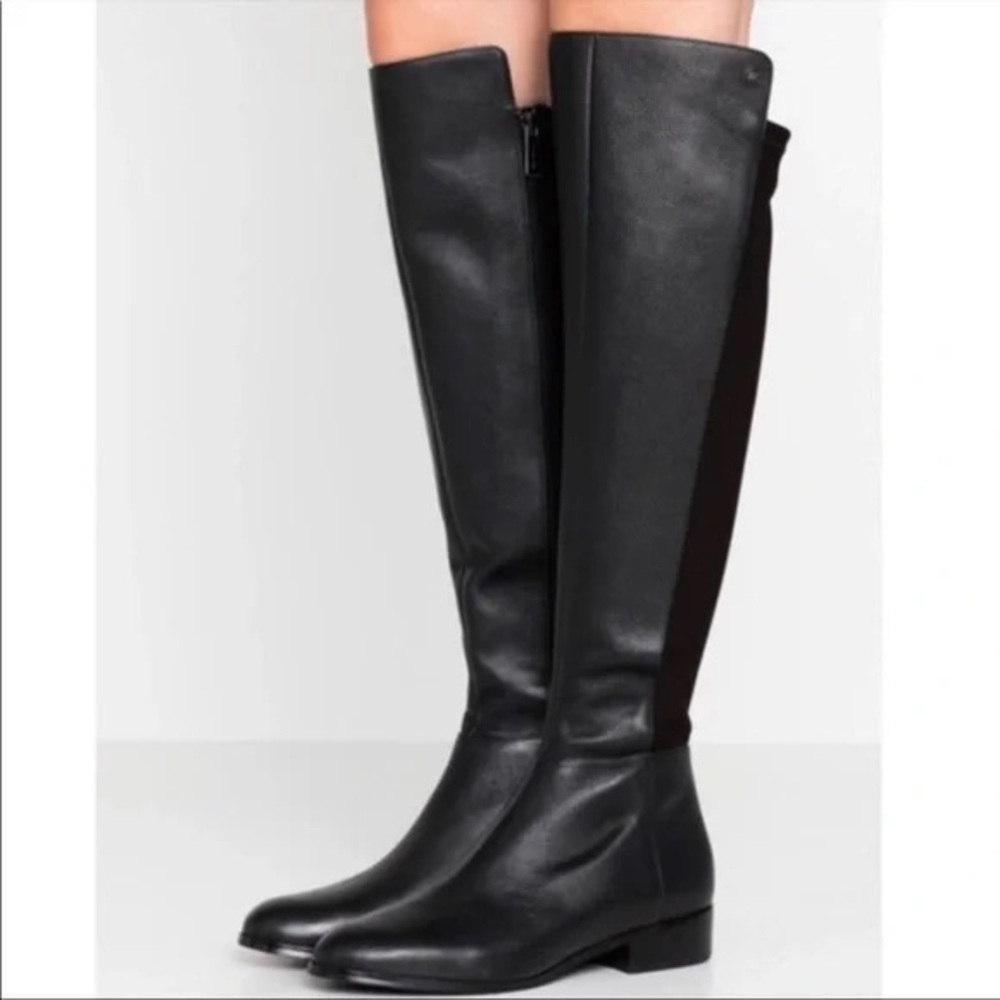 MK MICHAEL KORS BROMLEY BLACK Leather Stretch Knit Knee High Boots Sz 6 Side Zip